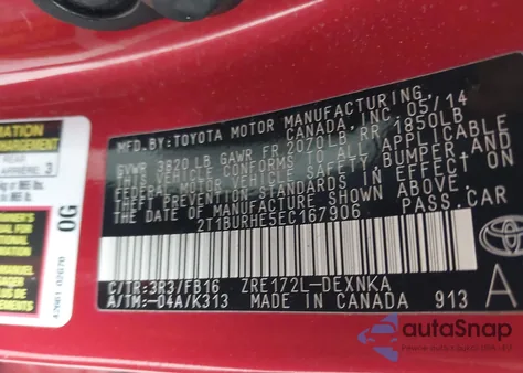 2014 Toyota Corolla L/Le/Le Pls/Prm/S/S Pls из США, поврежденный, VIN 2T1BURHE5EC167906